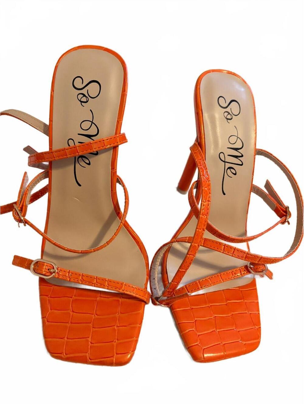 So Me Orange Croc-Embossed Strappy High Heel Sandals